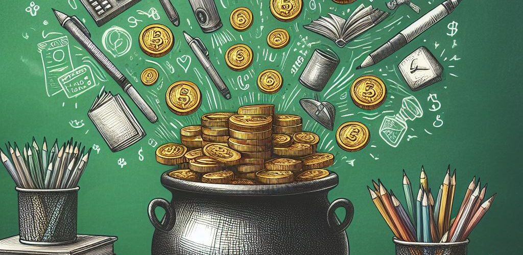 An illustration of a black pot filled with gold coins surrounded by education related artefacts such as pens, pencils and books.